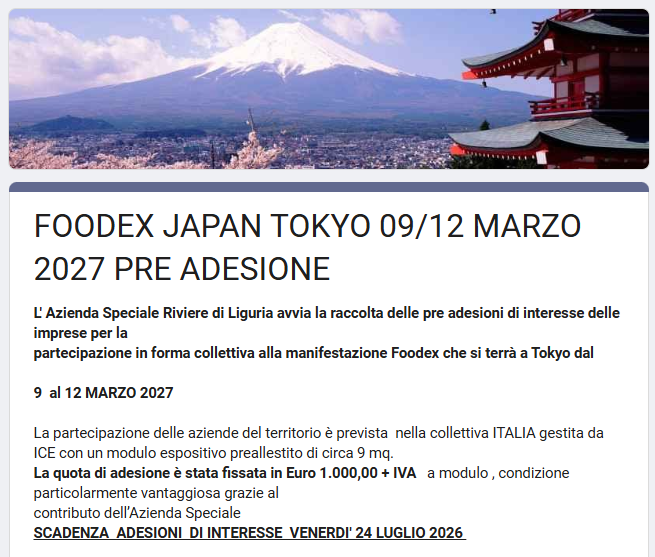 "FOODEX JAPAN TOKYO 09/12 MARZO 2027 PRE ADESIONE"