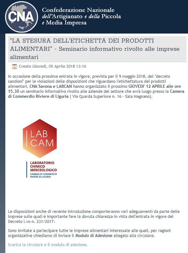 cns savona e labcam cciaarivlig seminario etichette alimentari
