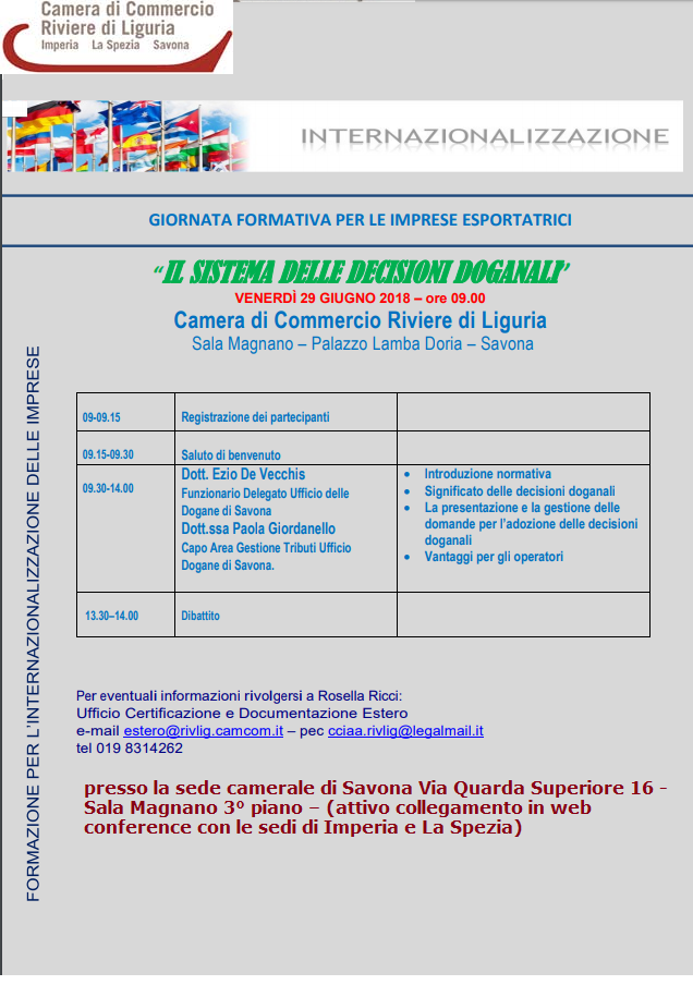 29 GIUGNO SEMINARIO ESTERO SAVONA E WEBCONF SPEZIA IMPERIA