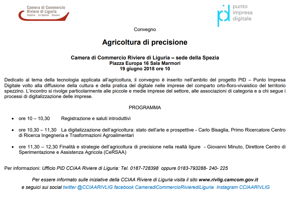 convegno pid agricoltura precisione 19 giugno 2018 la spezia